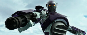Robô Sentinela em posição de ataque.