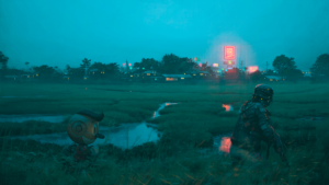 Soldado conectado a um robô em uma incursão em um subúrbio norte-americano qualquer.